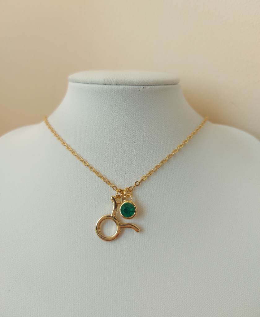Gold colour green diamanté detail horoscope taurus pendant necklace