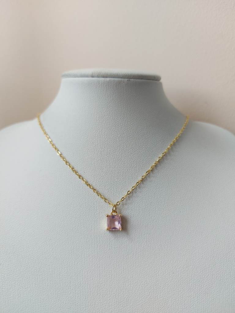 Small pale pink square pendant necklace