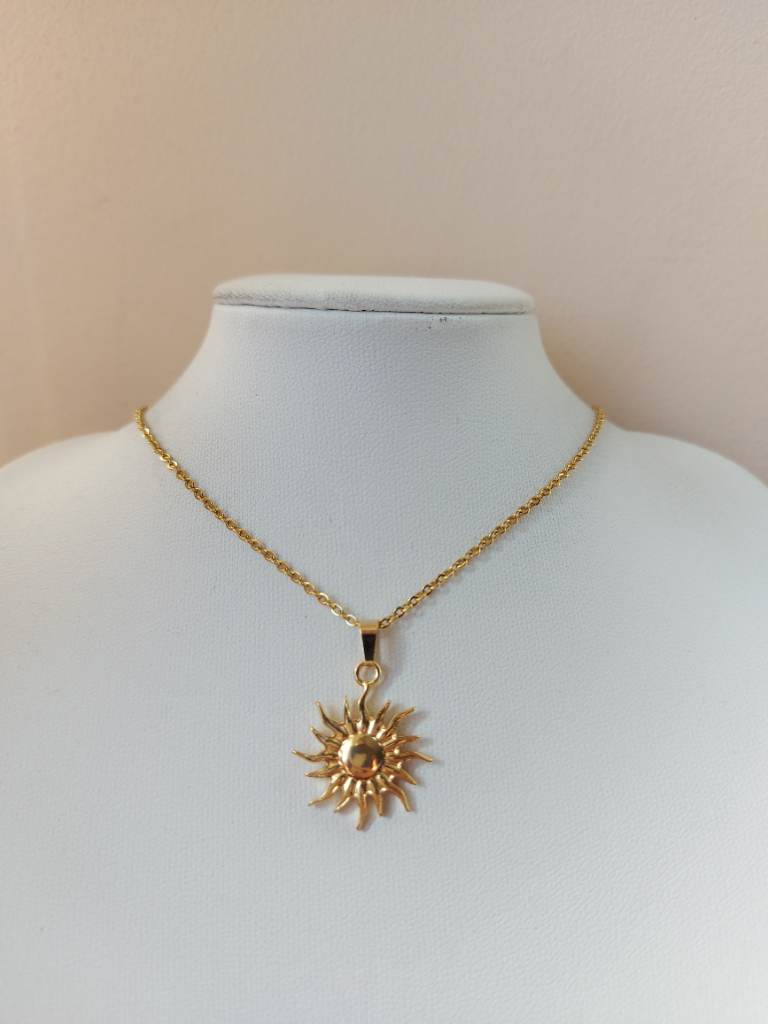 Gold colour small unique sun pendant necklace