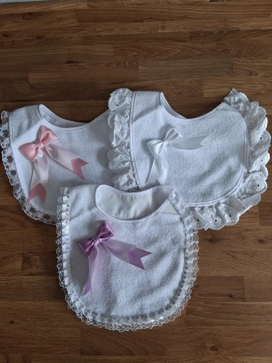 3 baby girls white waterproof bibs size 0-6 months brand new