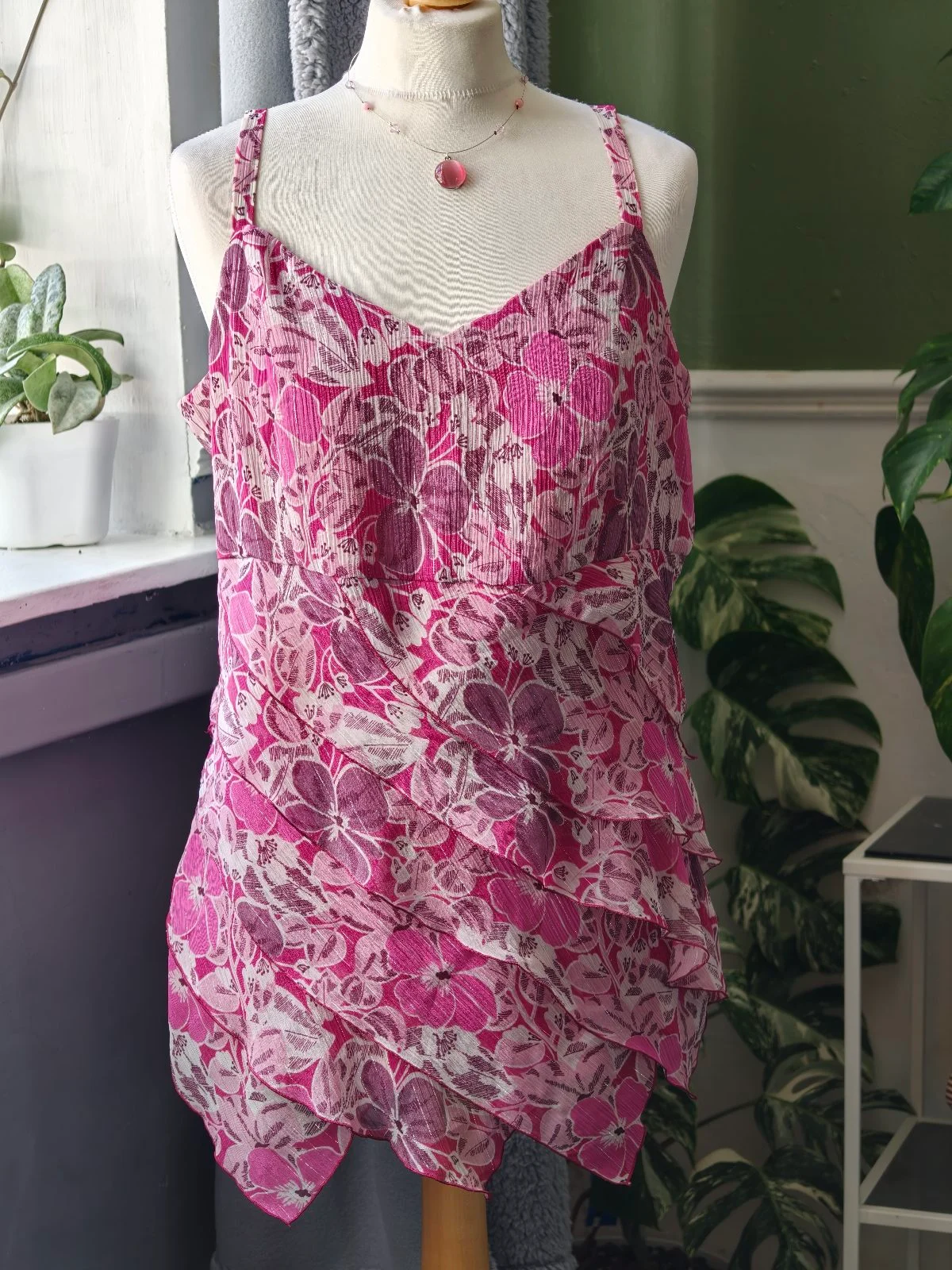 Vintage Y2K Klass Pink Floral Tiered Cami Top Metallic Lurex Ruffle Tank UK 16