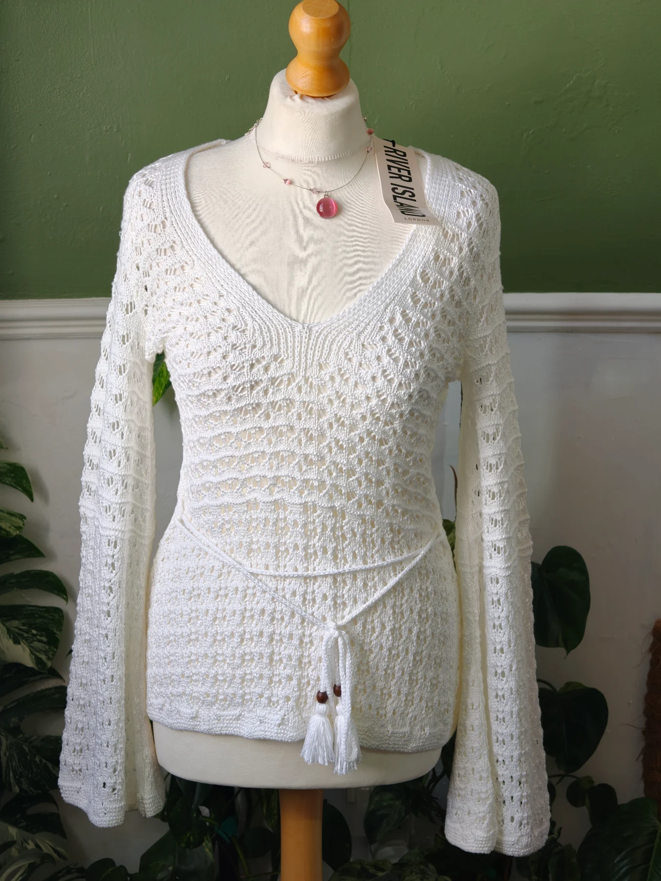 River island White Knit Jumper Bell Sleeve Crochet Top Size 8