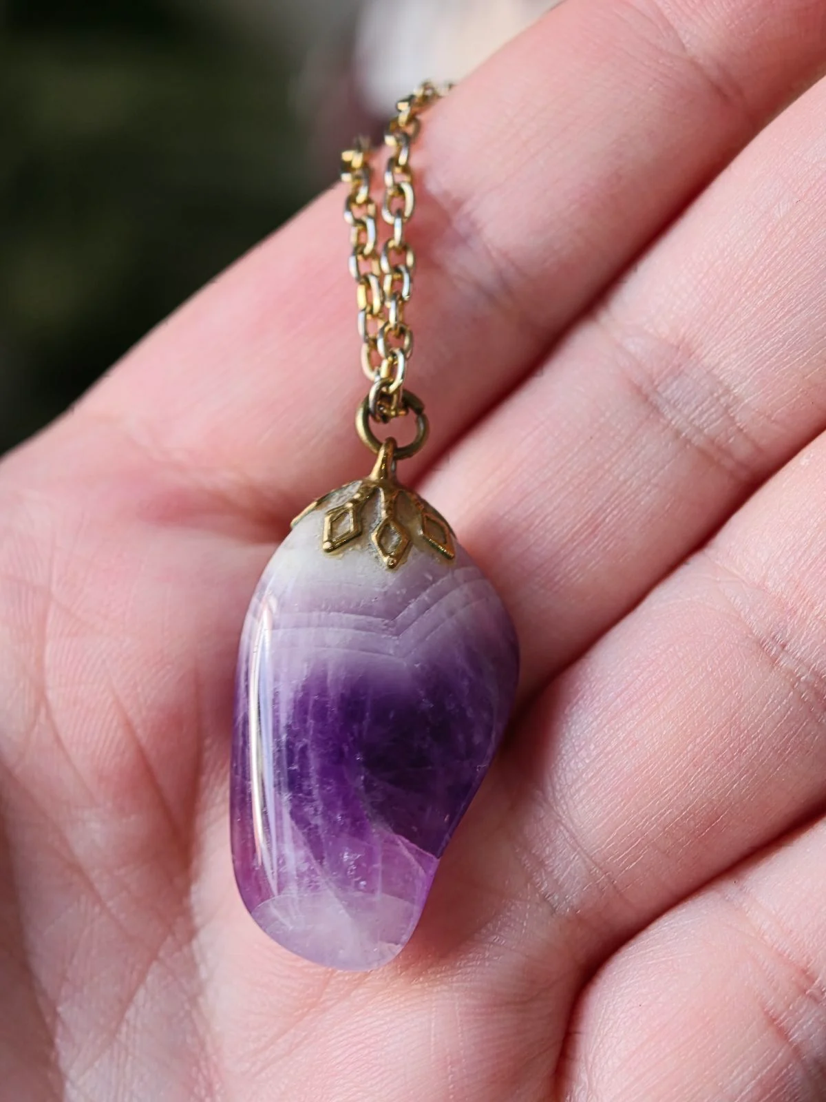Vintage Brass Chevron Amethyst Necklace - Banded Purple Gemstone Boho