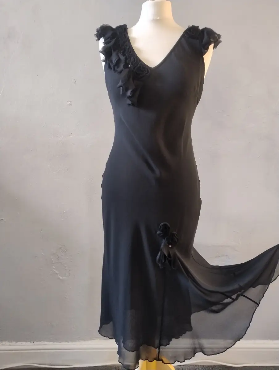 Vintage Per Una y2k Black Chiffon Rosette Midi Dress Size 10