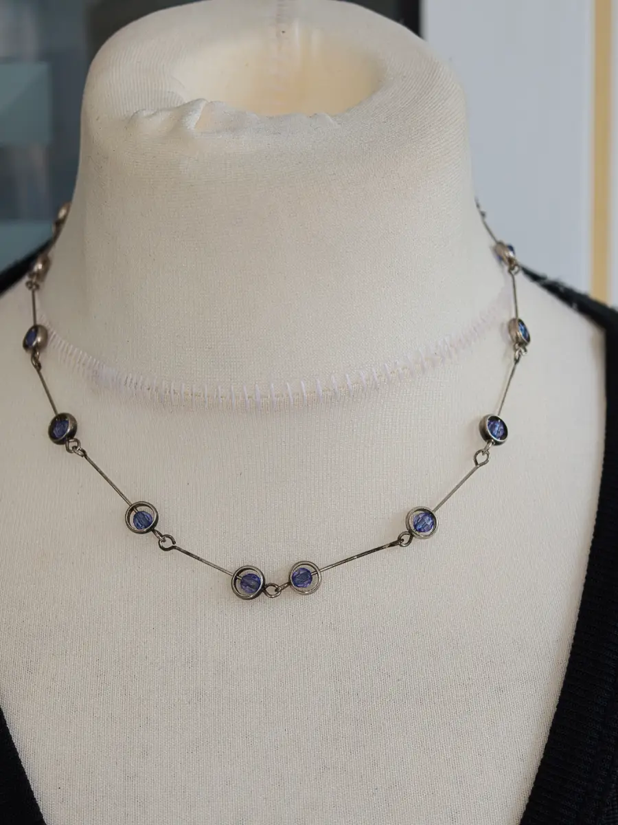 Vintage Silver Tone & Blue Glass Crystal Bead Station Necklace