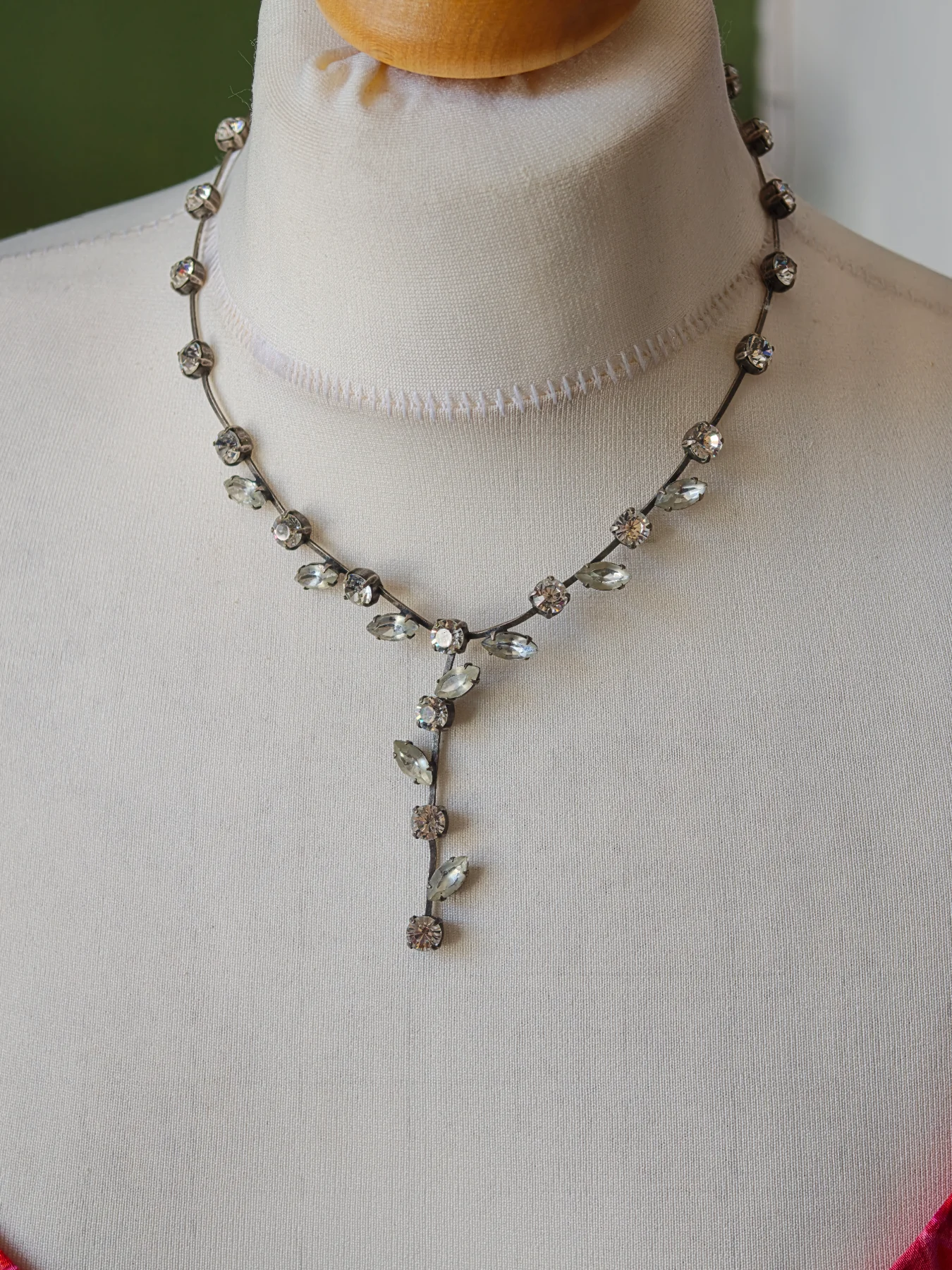 Vintage Danish Design Clear Rhinestone Y Drop Necklace Silver Tone