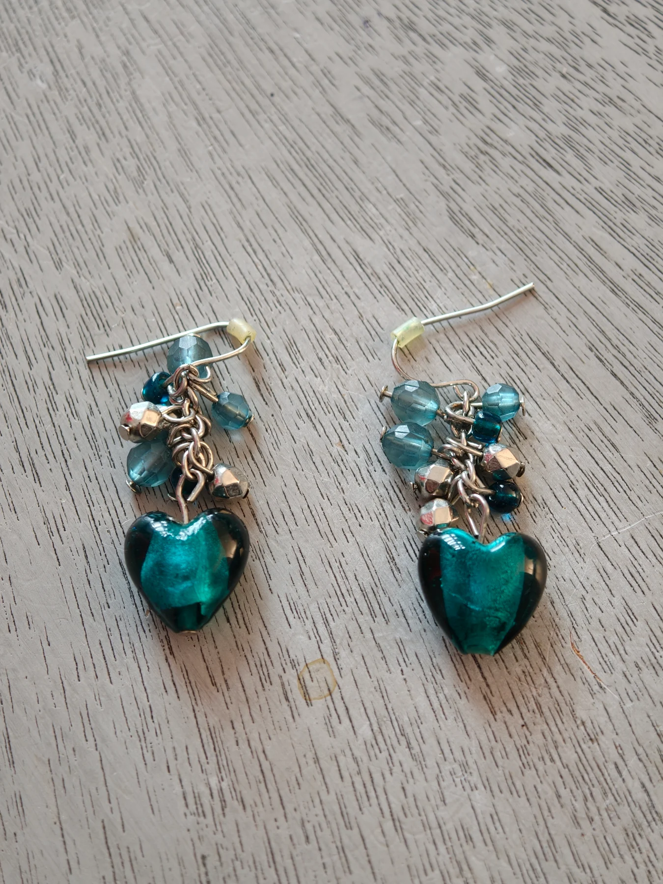 Murano Style Teal Glass Heart Cluster Dangle Earrings Foil Back Silver Tone
