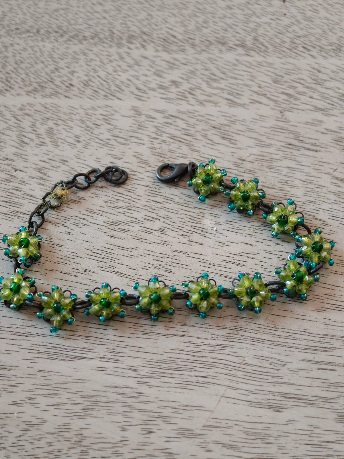 Vintage Green Crystal Floral Cluster Link Bracelet Gunmetal Beaded