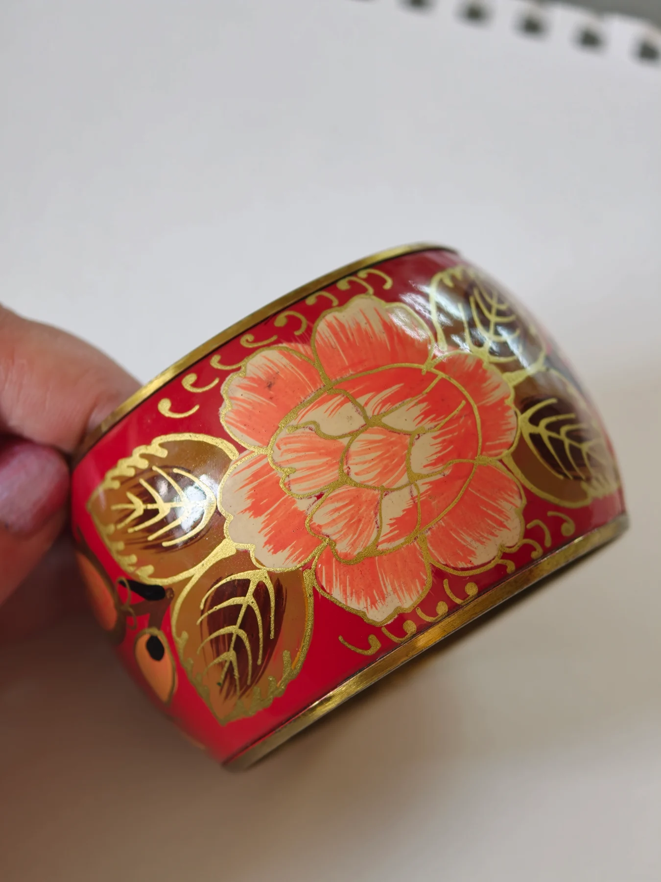 Vintage Brass Red Enamel Bangle 70s Boho Floral Hand Painted Indian Lacquer Wide Statement Bracelet