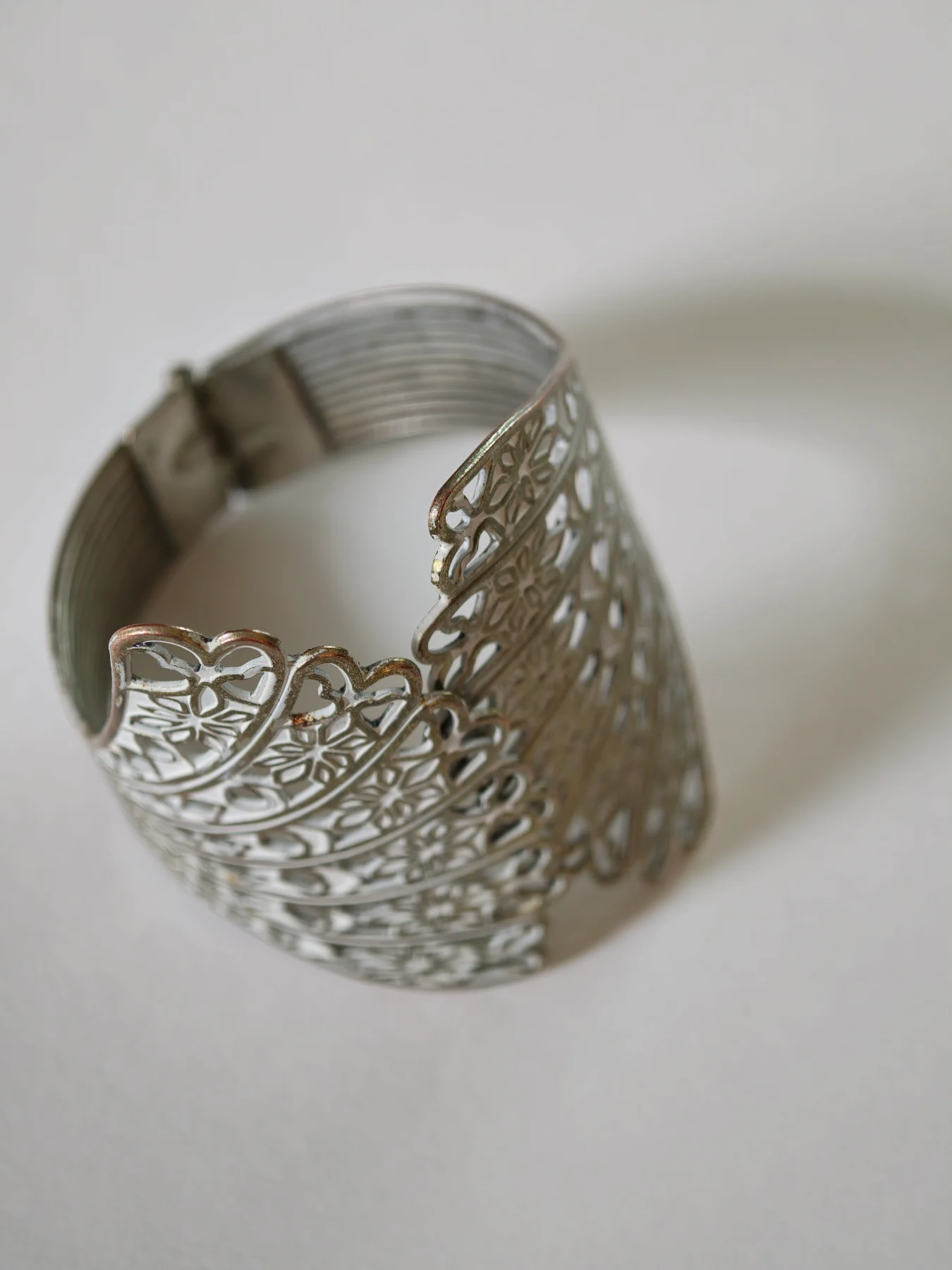 Vintage White Filigree Cuff Bracelet, 1960s Shabby Chic Enameled Wide Lace Metal Statement Bangle