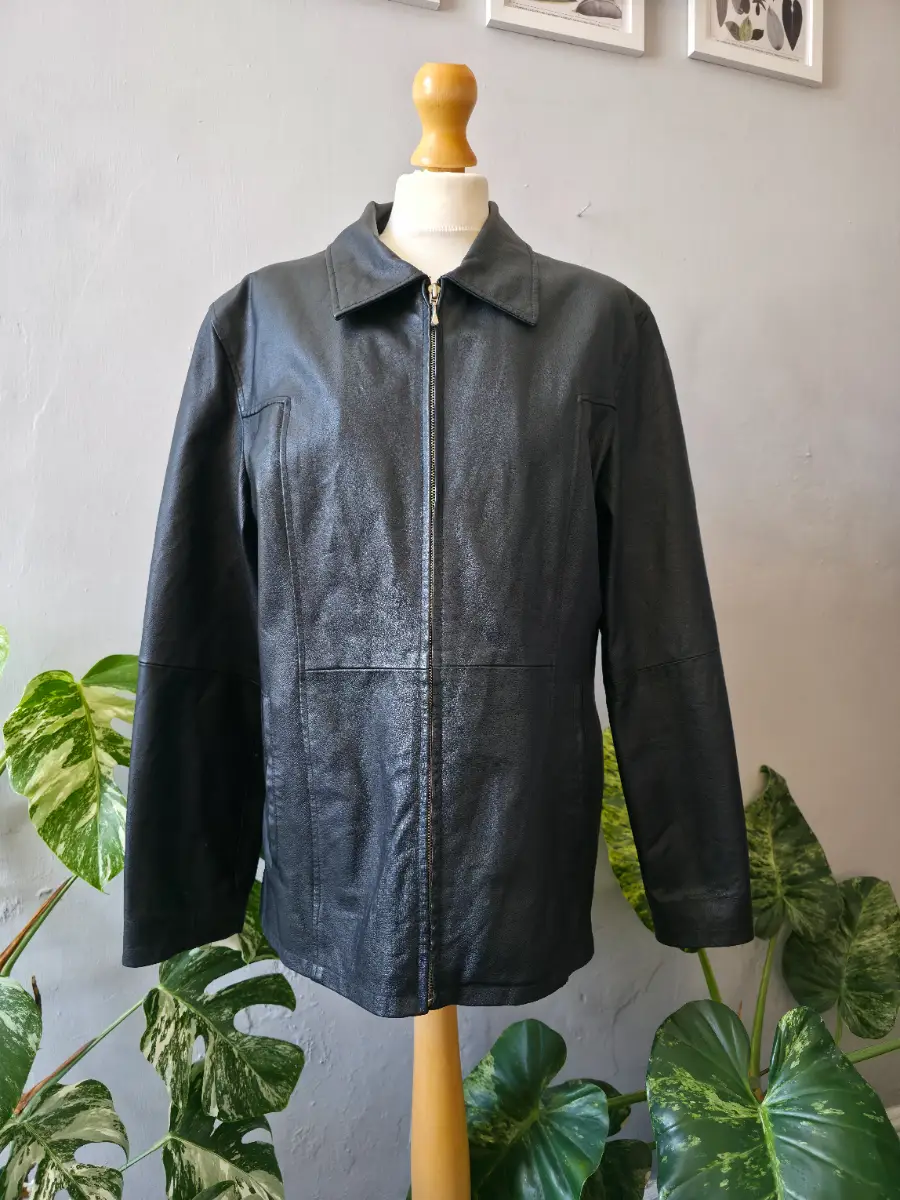 Vintage Black Leather Jacket Size 16 90s Y2K Minimalist Collared Zip Utility Coat