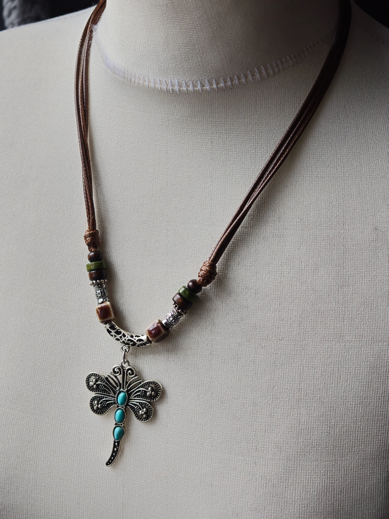 Boho Turquoise Dragonfly Pendant Necklace Vintage Tribal Leather Cord Adjustable Beaded Choker