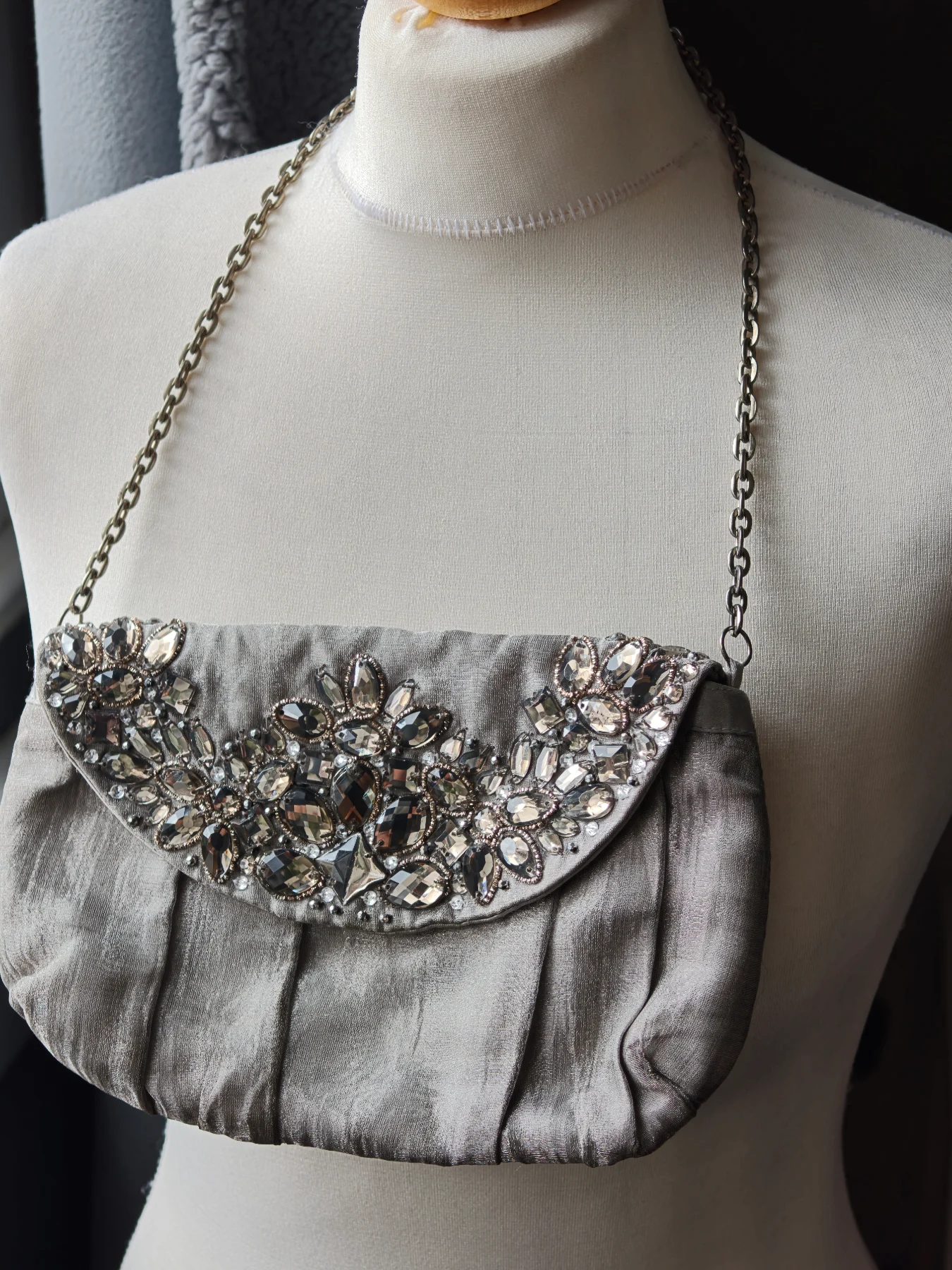 Vintage Accessorize Grey Pleated Satin Jewelled Clutch Bag Metallic Silver Evening Wedding Party