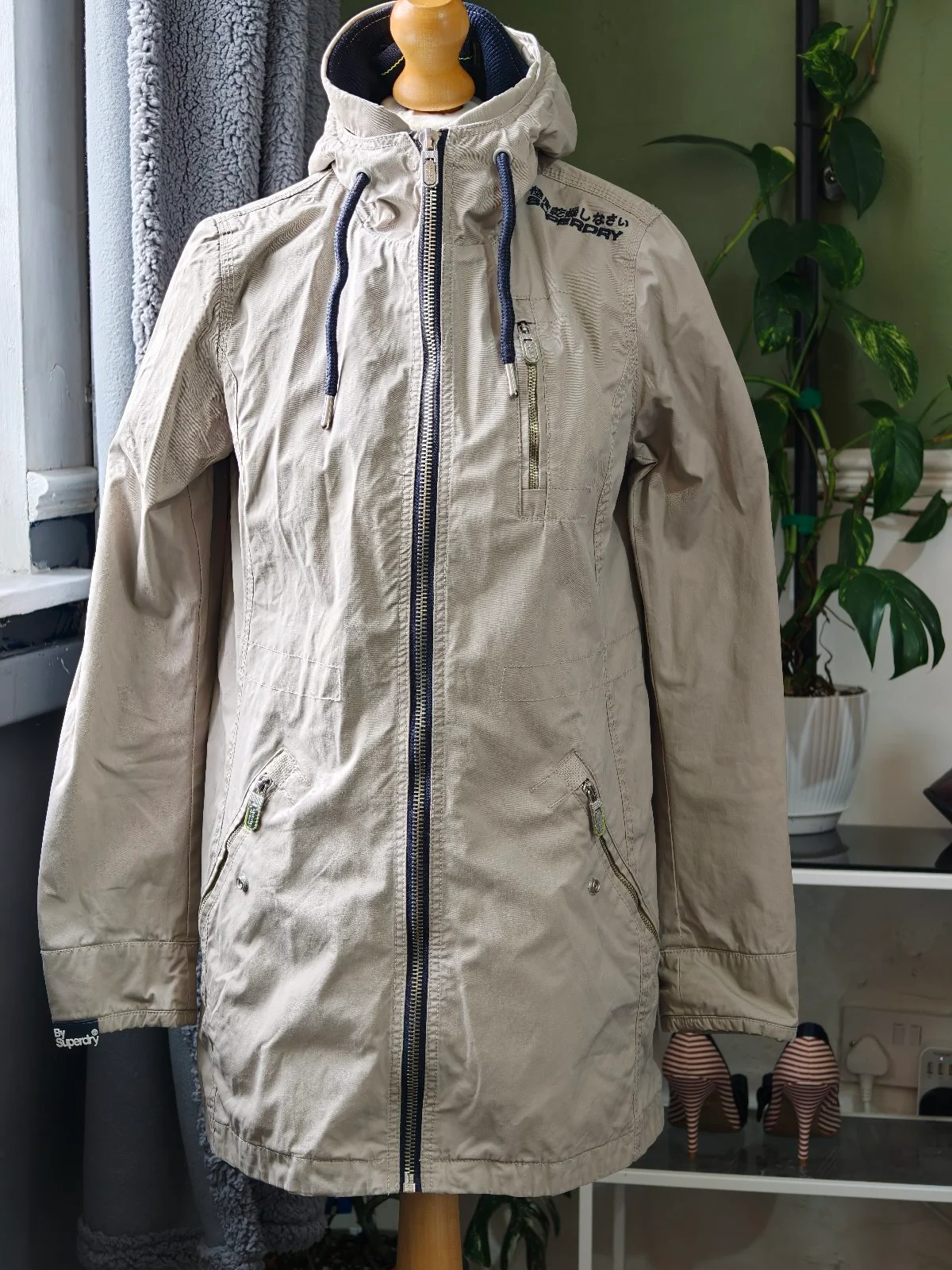 Superdry Womens Moody Lite Parka Jacket Stone Beige High Collar Hooded Size M
