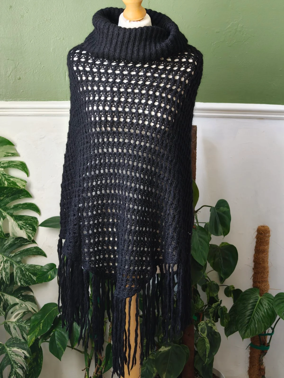 Dunnes Black Knit Poncho Cowl Neck Fringed Mohair Blend Cape S-M Whimsigoth
