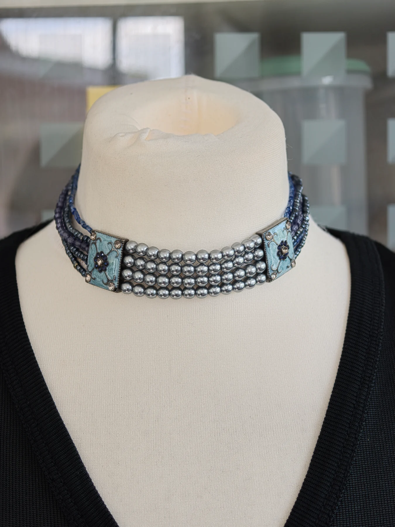 Vintage Multi Strand Faux Pearl Seed Bead Choker Enamel Floral Connector Necklace