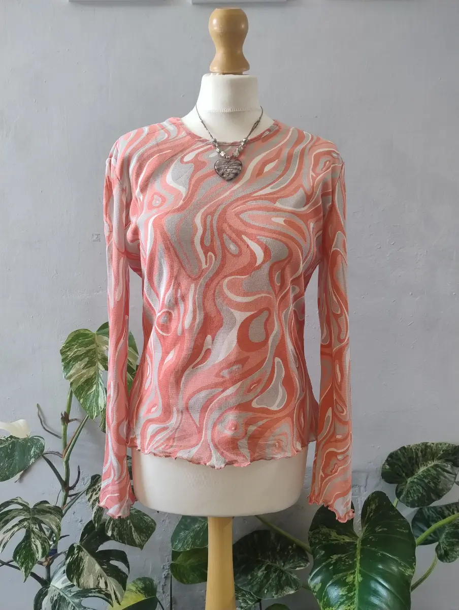 Vintage Taifun Psychedelic Swirl Mesh Top Y2K Lettuce Hem Blouse Fits 8 10 12