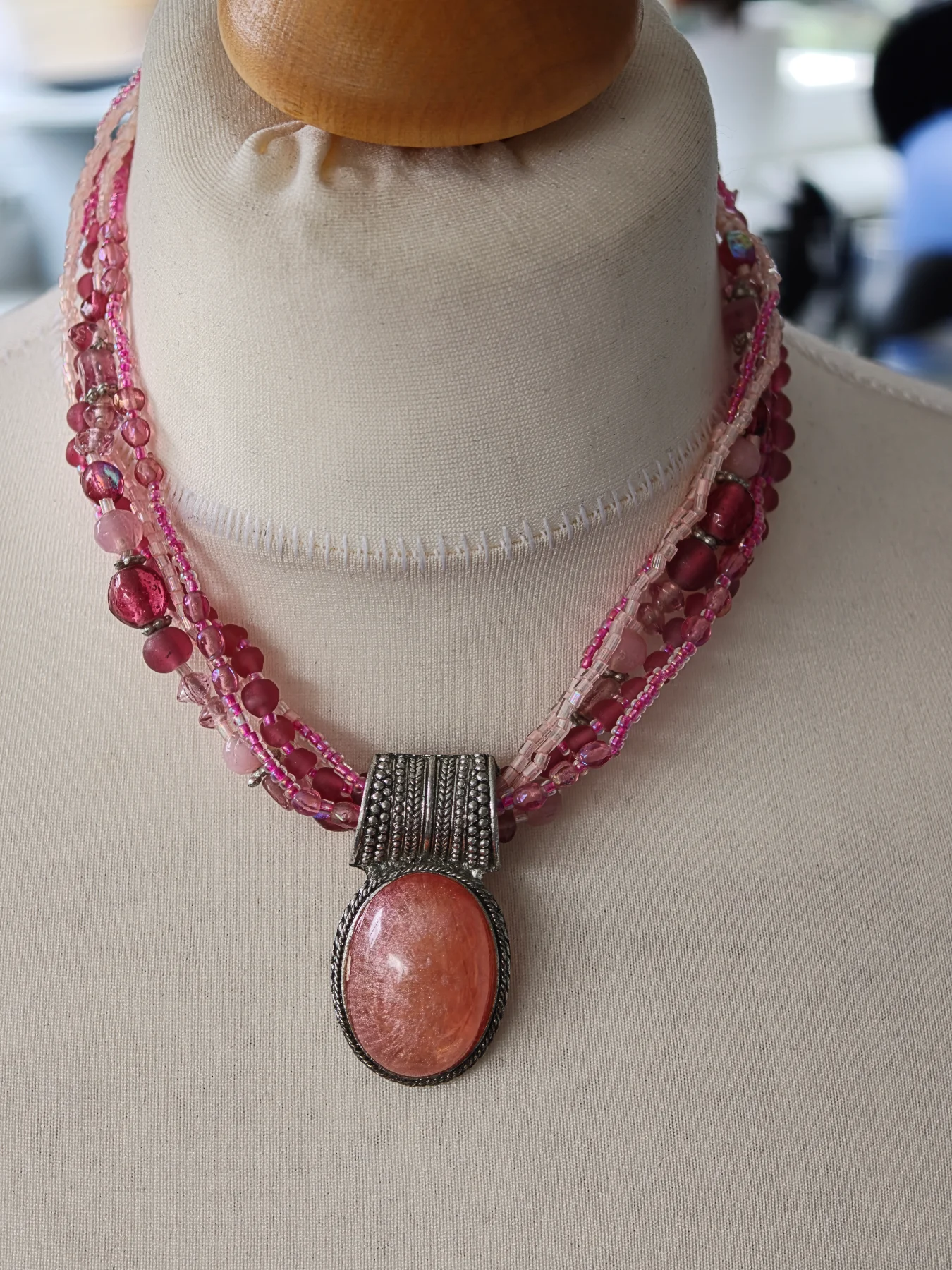 Boho Pink Beaded Multi Strand Oval Cabochon Statement Pendant Necklace