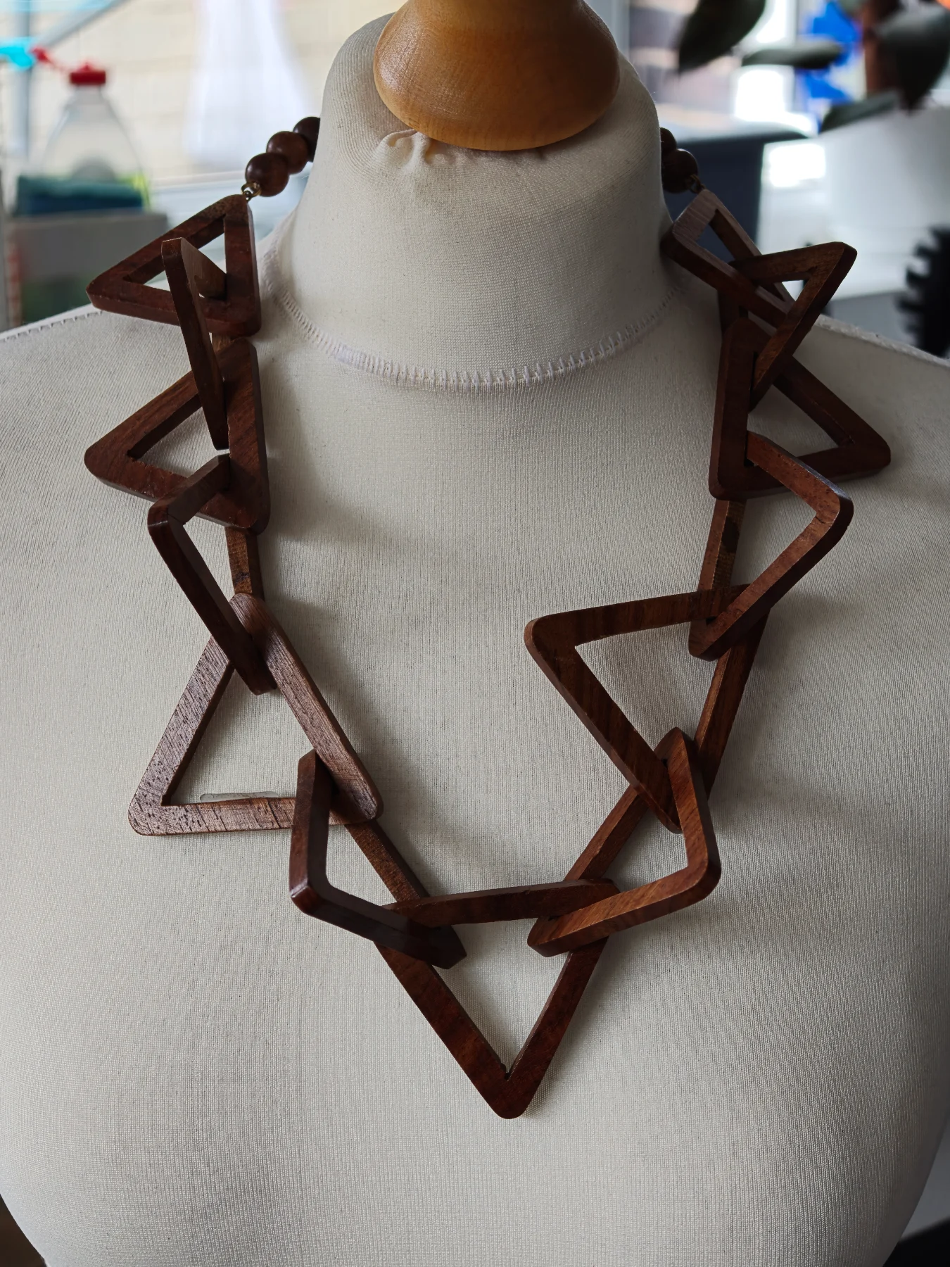 Boho Chunky Wooden Triangle Link Chain Statement Necklace