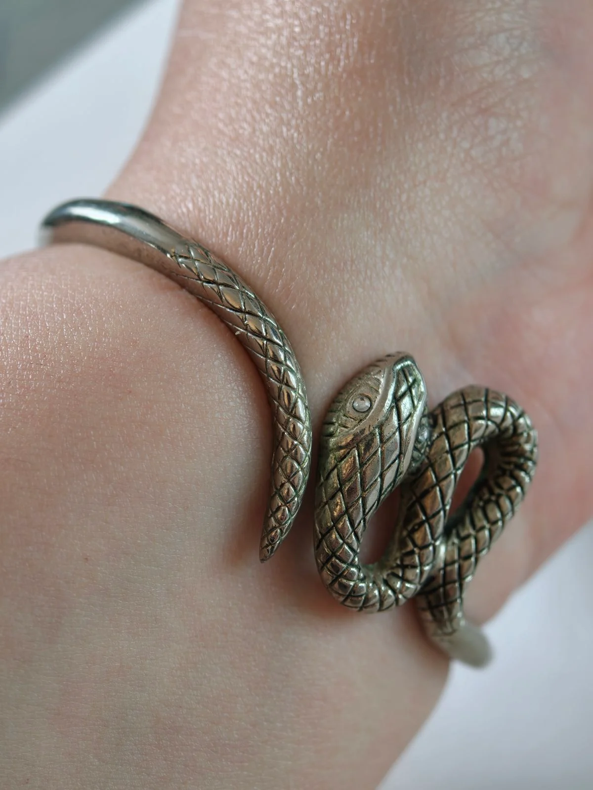 Vintage Silver Snake Bangle Coiled Serpent Hinged Bracelet Gothic Whimsigoth Y2K
