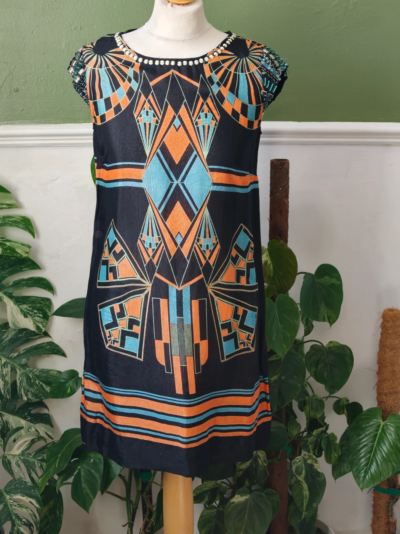 Vintage River Island Art Deco Geometric Shift Dress Black Blue Orange Pearl Size 8