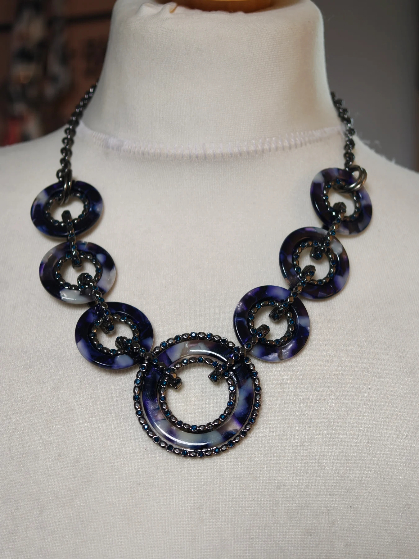 Marks Spencer M&S Purple Tortoiseshell Rhinestone Circle Link Statement Necklace