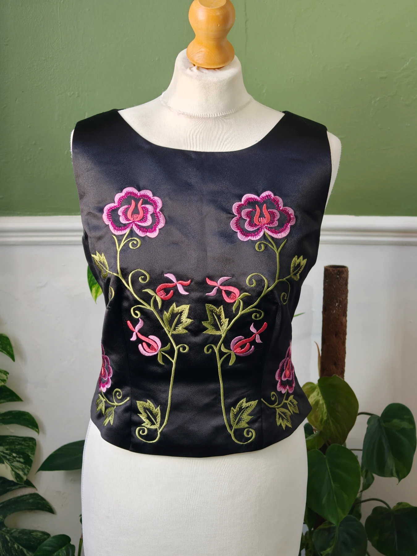 Linea Black Satin Embroidered Corset Top Floral Evening Blouse Size 14