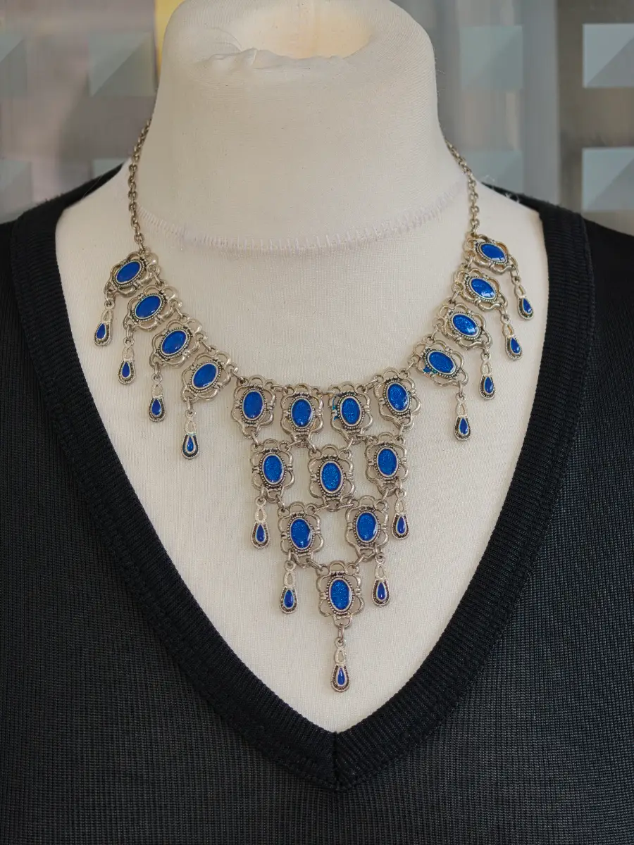 Boho Silver Tone Royal Blue Enamel Cabochon Bib Statement Necklace