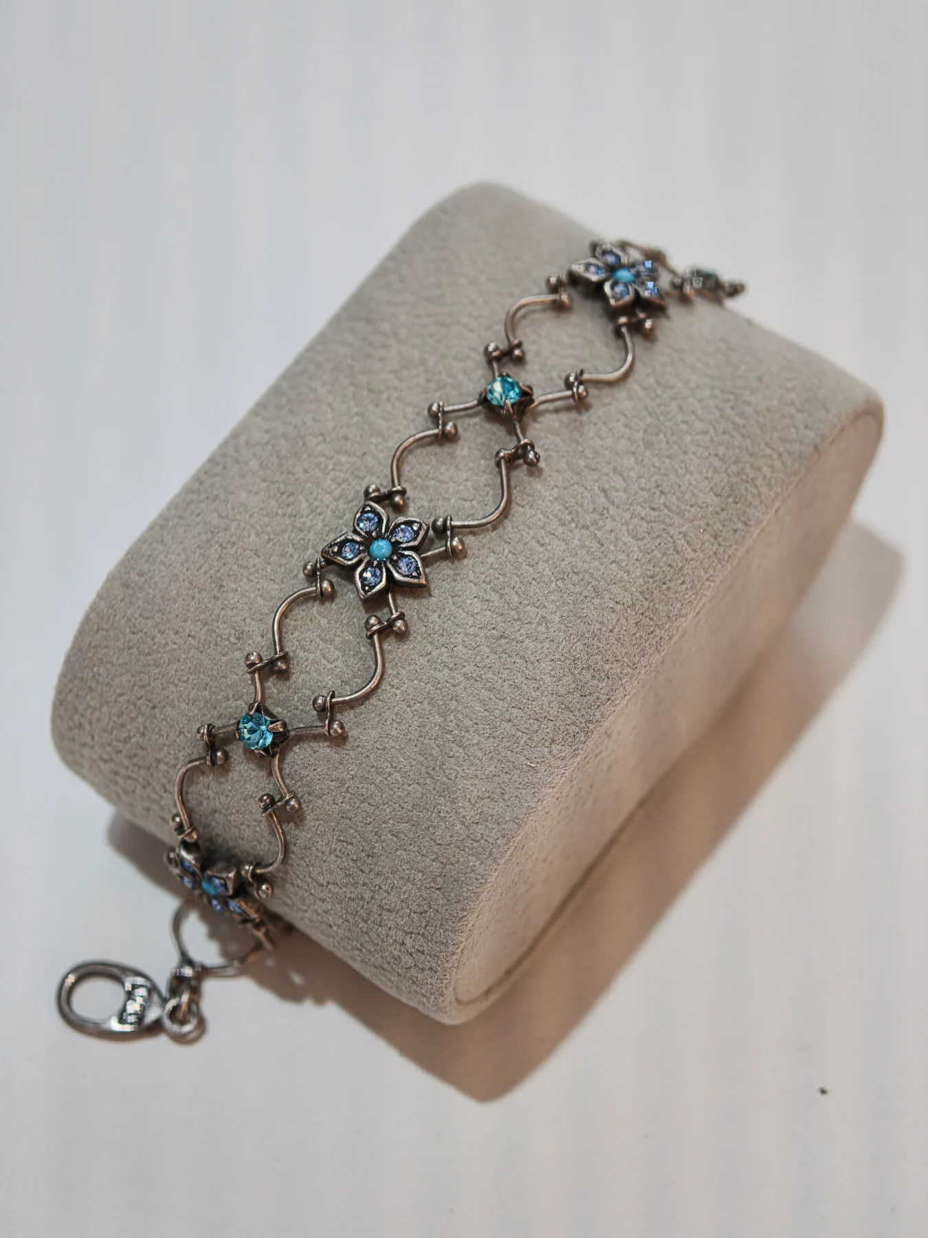 Vintage 90s M&S Silver Blue Rhinestone Floral Link Bracelet