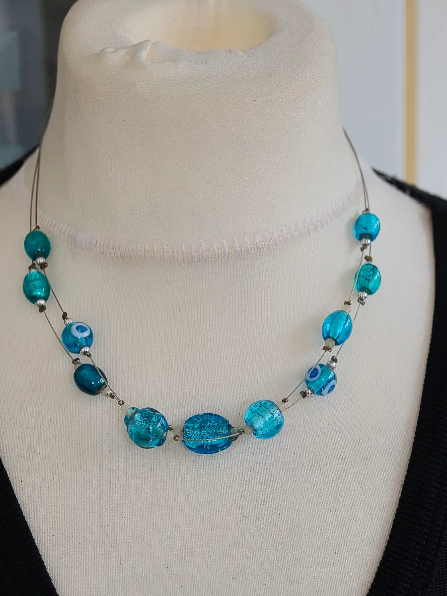Y2K Turquoise Murano Style Glass Bead Evil Eye Layered Floating Wire Necklace
