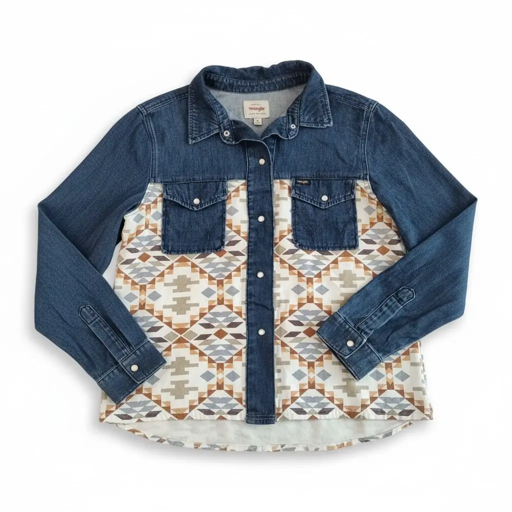 Wrangler 75th Anniversary Women's L Denim Aztec Southwestern Snap Shirt