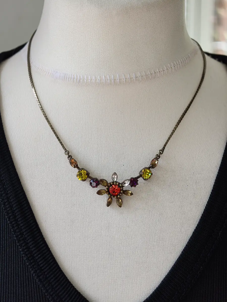 Vintage Brass Tone Floral Rhinestone Necklace Warm Autumn Tones