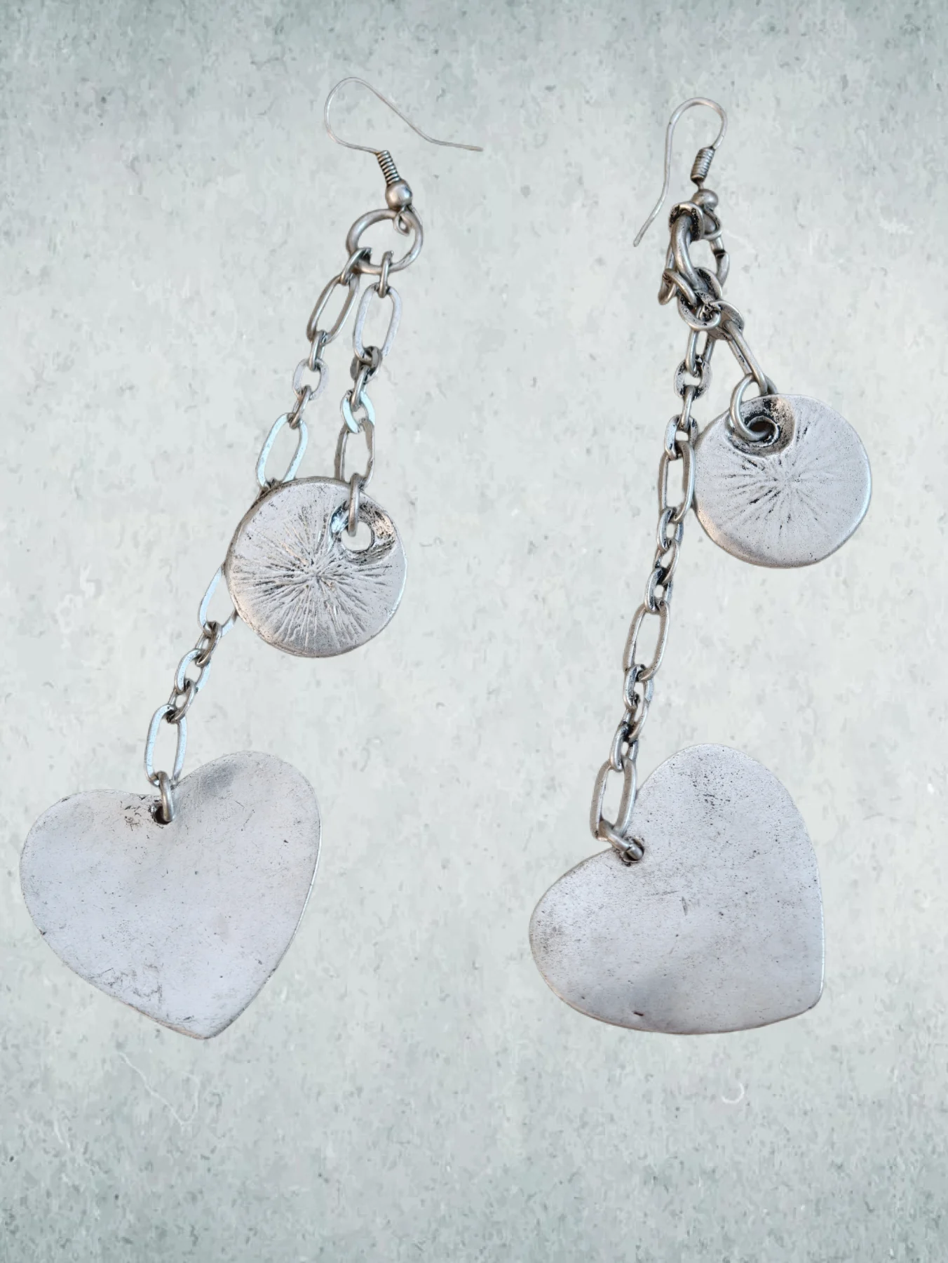 Y2K Chunky Silver Heart & Textured Disc Drop Earrings Long Chain