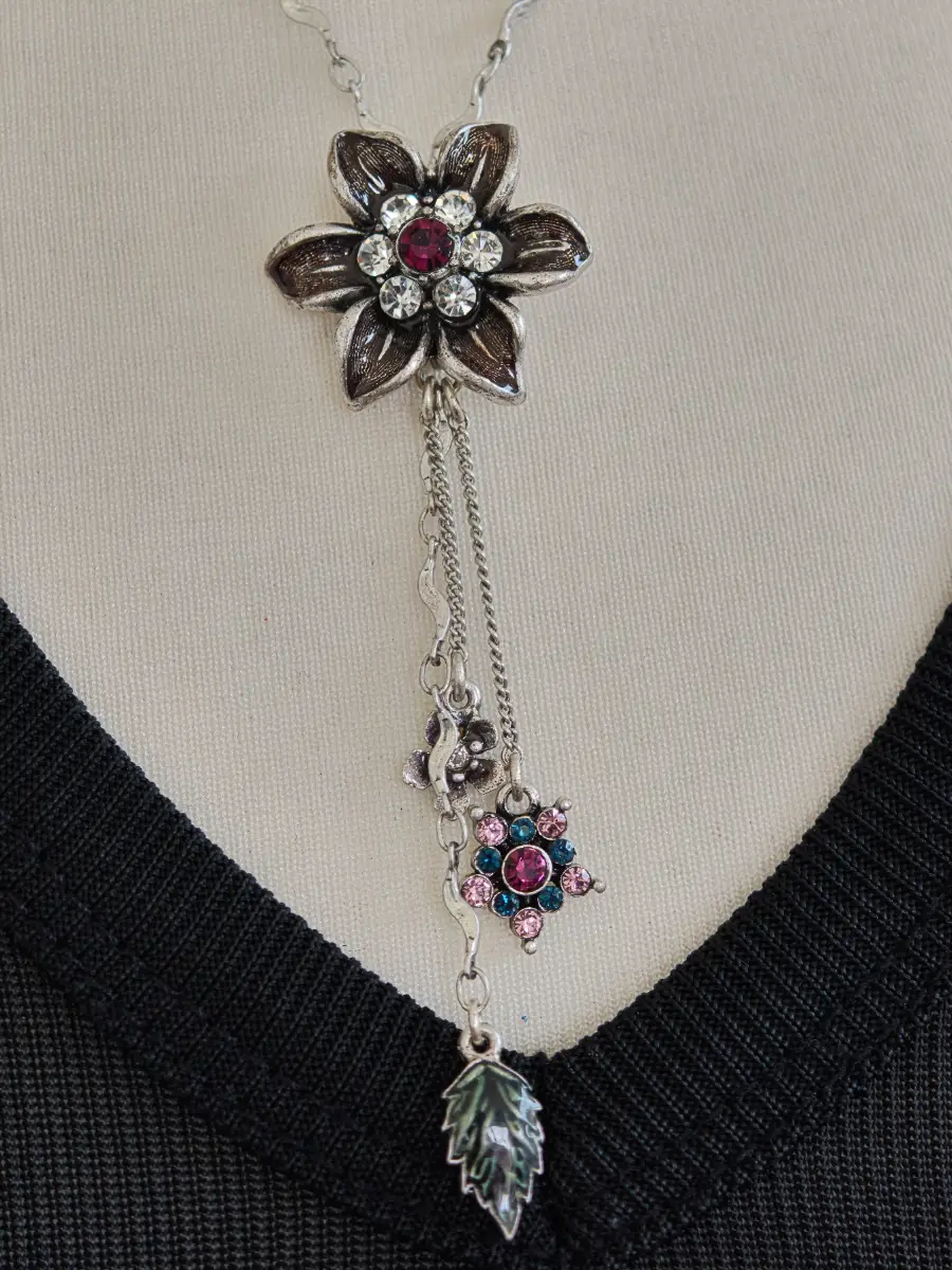 Rhinestone Flower Lariat Y-Necklace with Cascading Charms