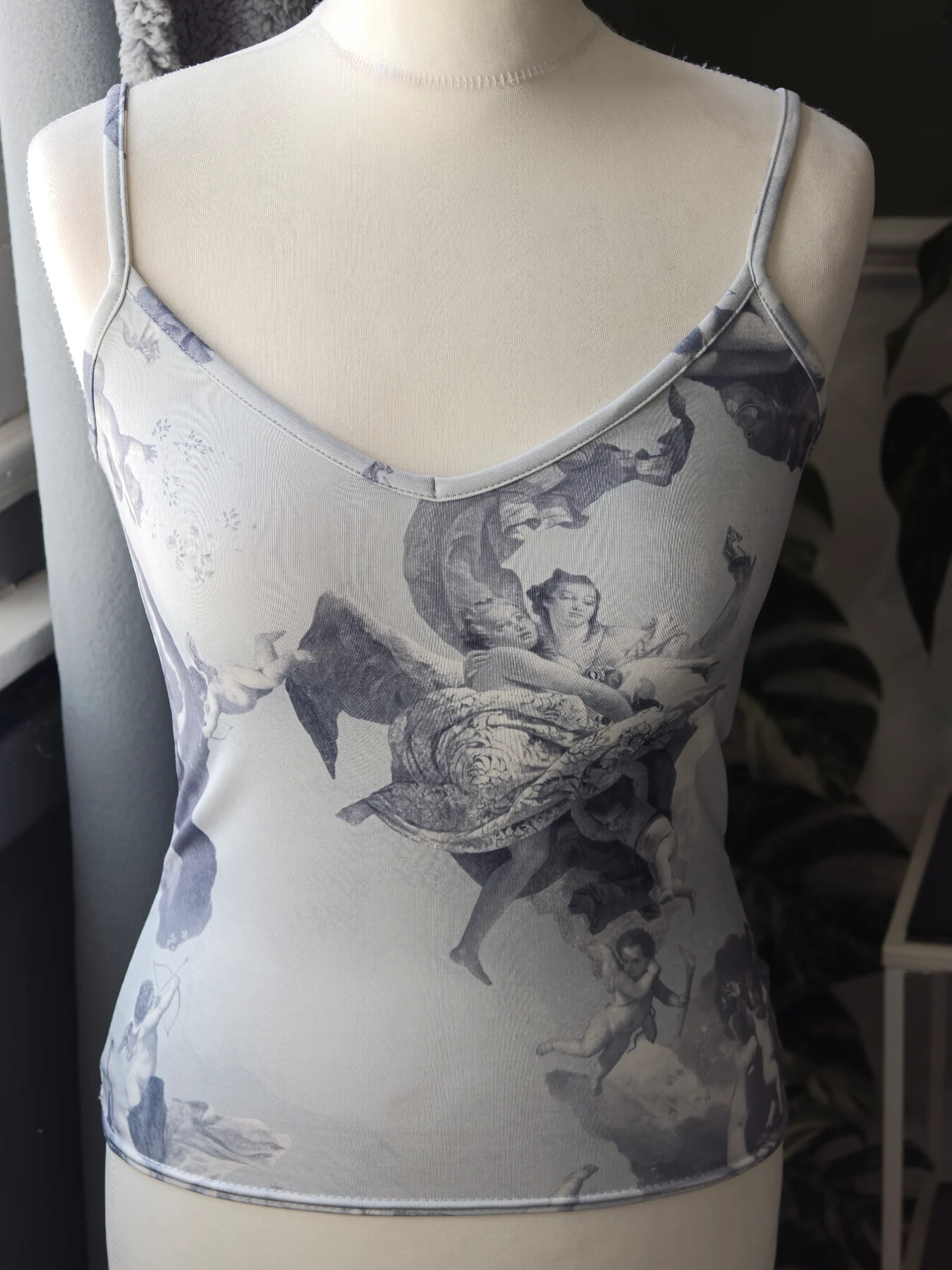 Vintage Y2K Bay Trading Co Renaissance Cherub Angel Mesh Cami Top Grey Print Baroque Grunge Cami S
