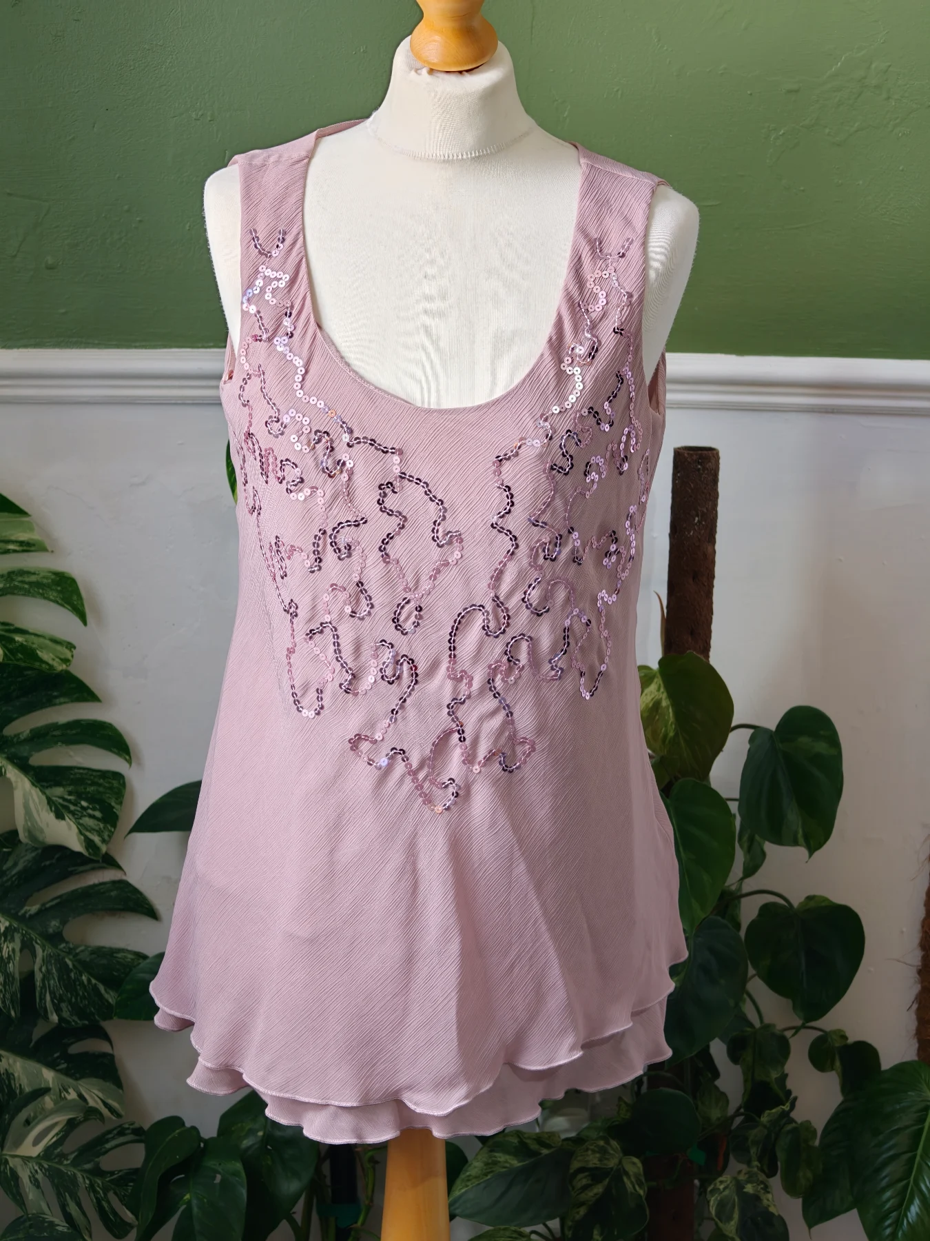 Vintage Marks & Spencer Pink Sequin sleeveless blouse Y2K Layered Chiffon Cami UK 14
