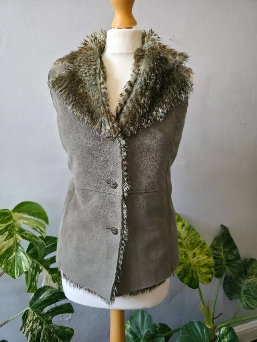 Per Una M&S Khaki Faux Suede Fur Gilet M Boho Y2K Bodywarmer