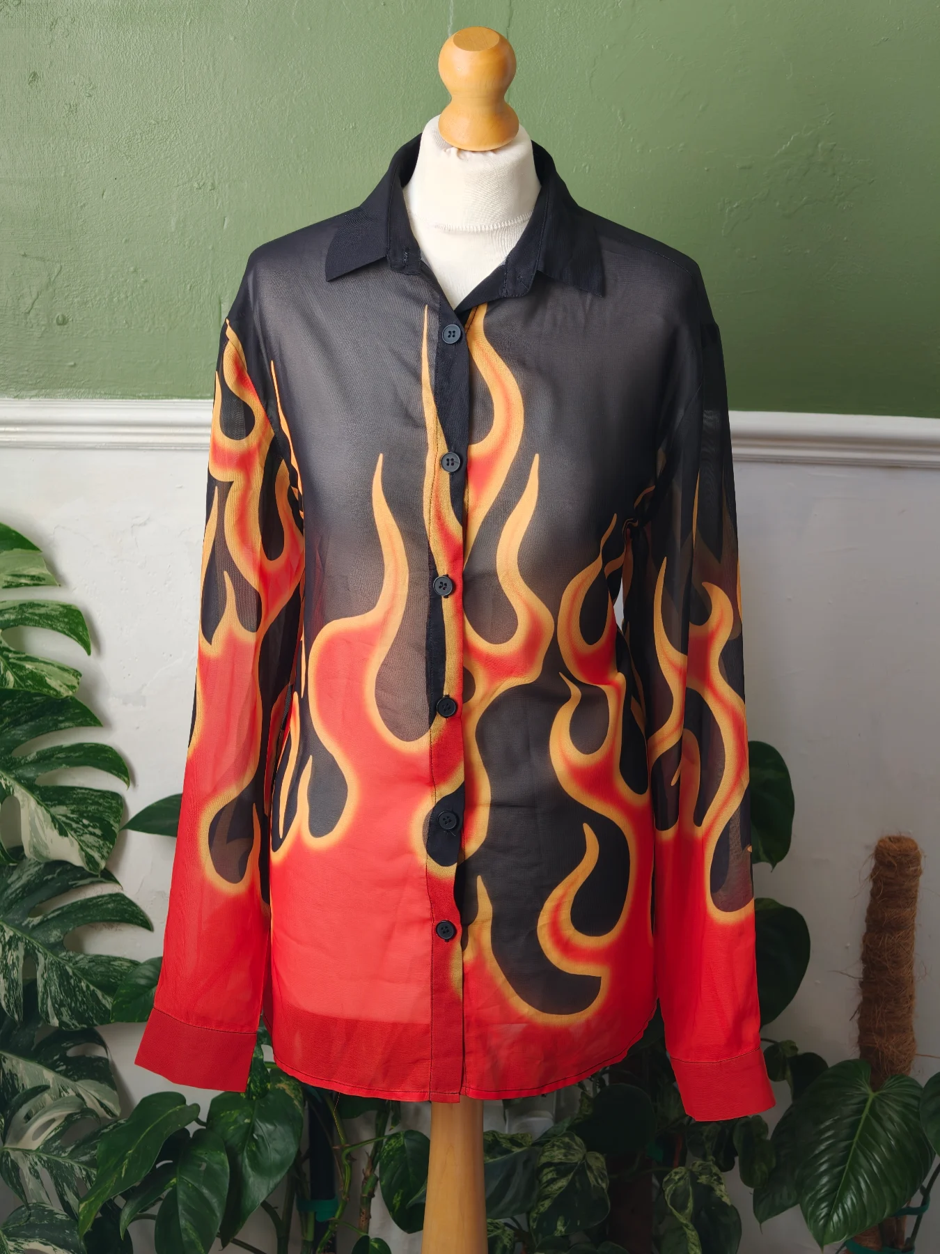 Jaded London Flame Print Mesh Shirt | Sheer Y2K Button Up Blouse Size M