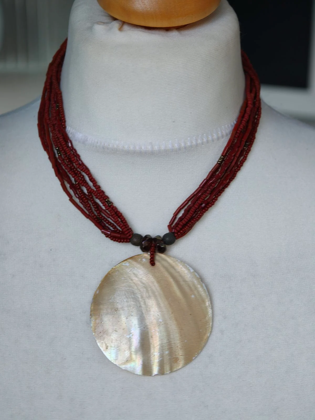Vintage Boho Terracotta Red Multi-Strand Beaded Necklace – Shell Disc Pendant