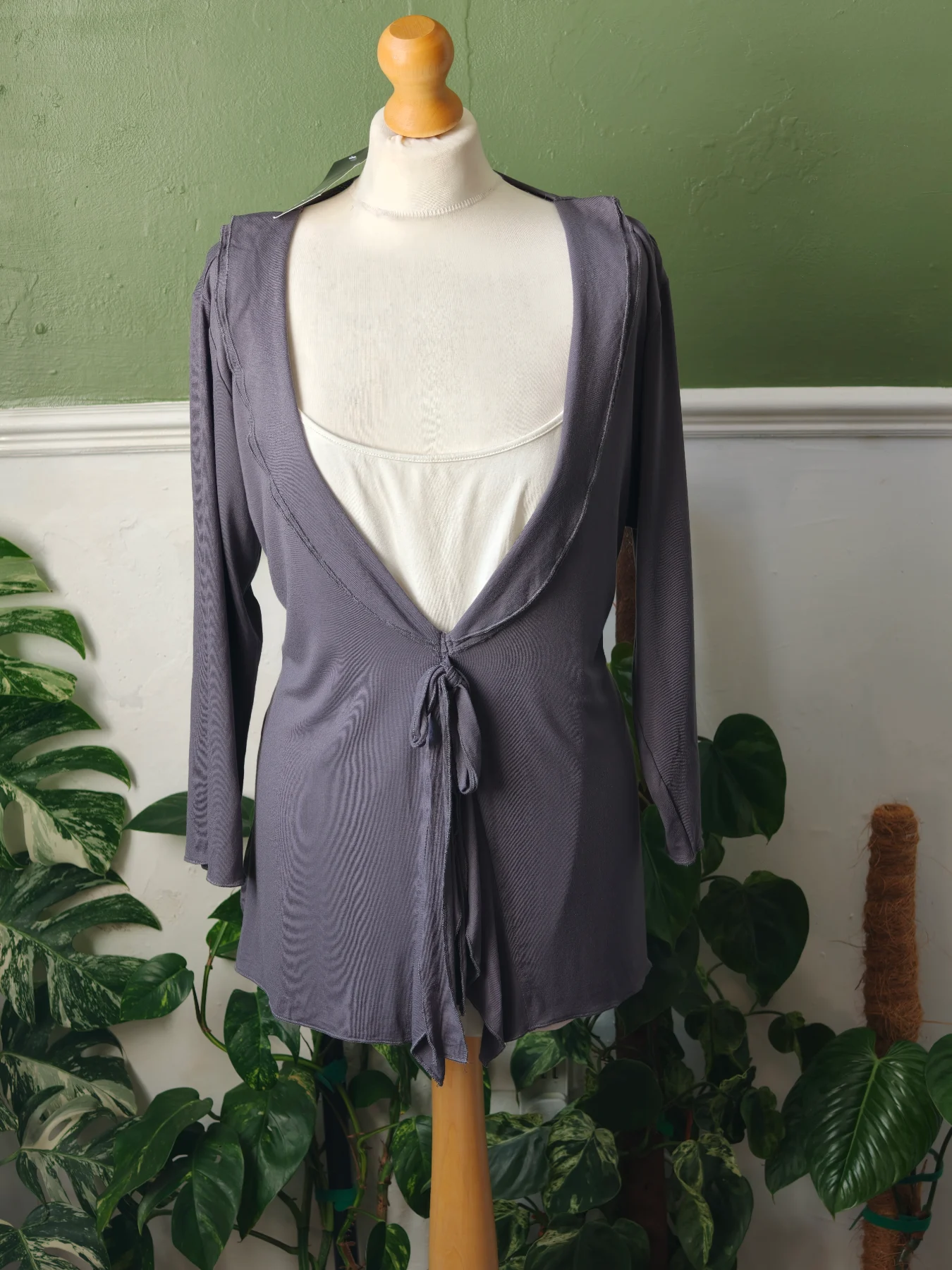 Vintage Vouge Grey Tie Front Cardigan & cami Size 18 Lagenlook Draped Jersey Shrug Layering Top