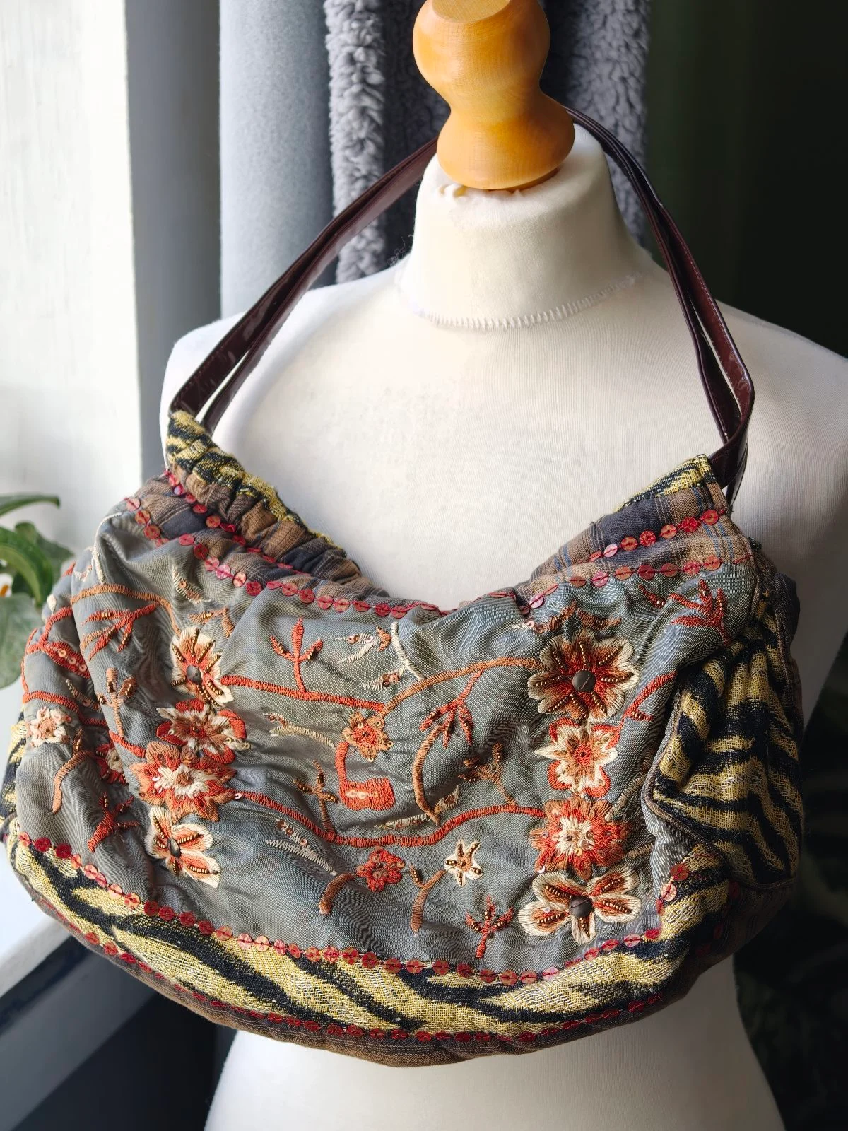 Vintage Goose Island Y2K Plaid Slouchy Hobo Bag Beaded Embroidered Floral Boho