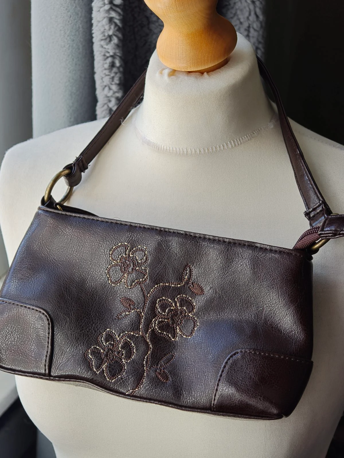 Vintage BHS Brown Baguette Bag Embroidered Floral Shoulder Bag