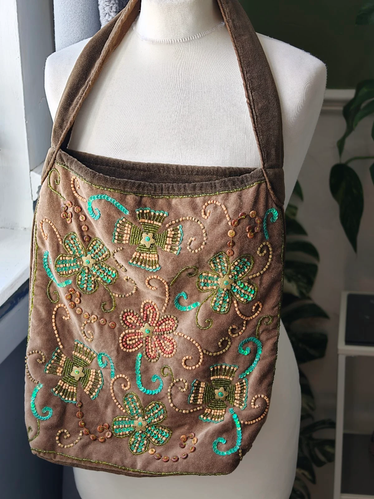 Boho Y2K Brown Velour Beaded Floral Shoulder Bag / Tote Hippie Fairycore