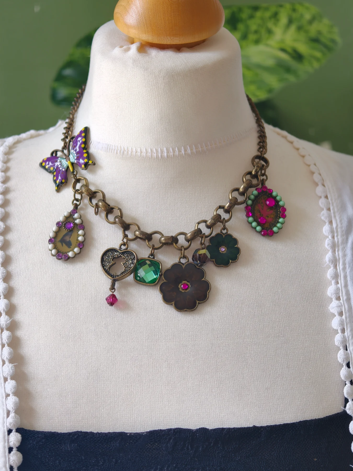 Vintage Enamel Butterfly Floral Charm Statement Necklace Antique Brass