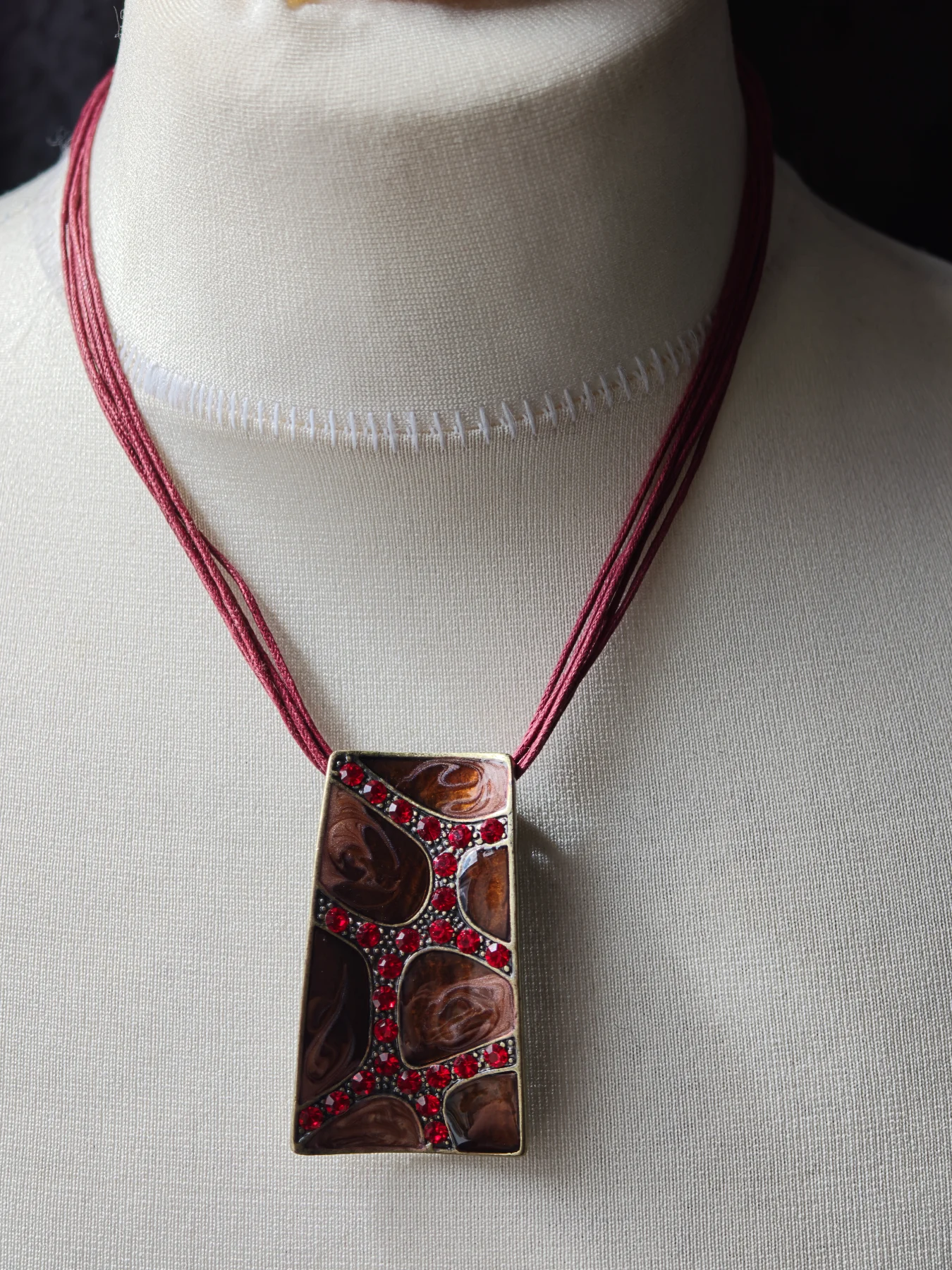 Boho Maroon Multi Strand Statement Necklace Retro Red Crystal Mosaic Enamel Geometric Pendant