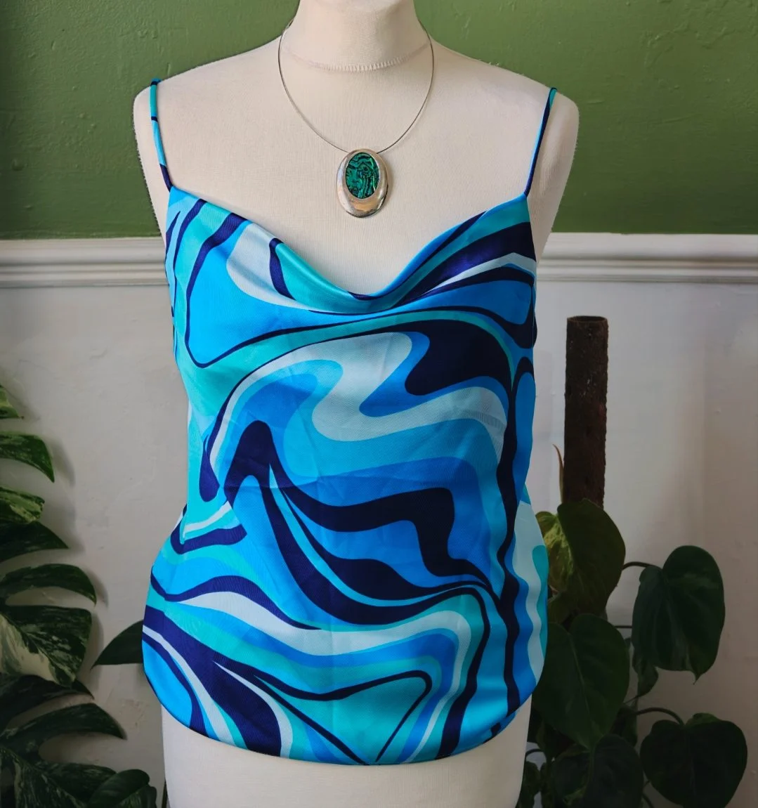 Et vous Blue Marble Camisole Cowl Neck Satin Swirl Strappy Top Size 8