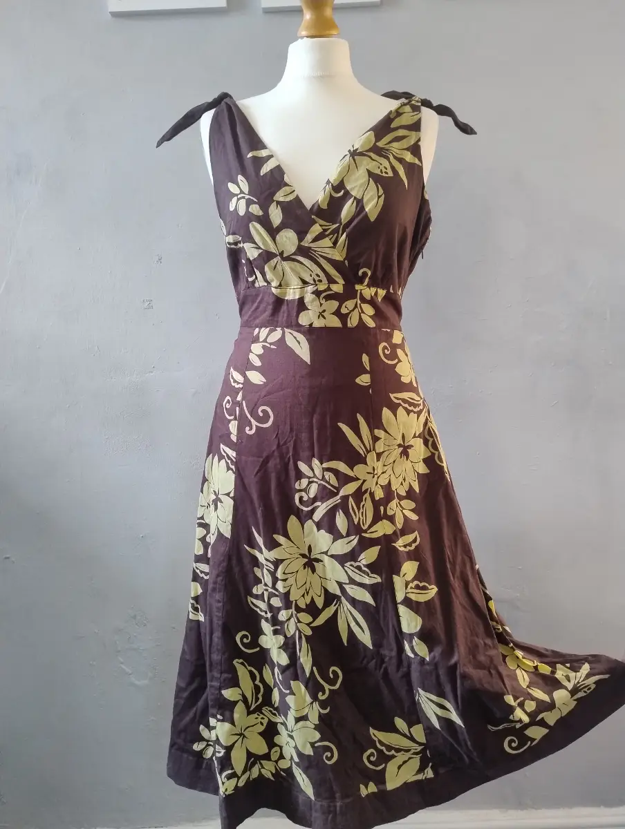 Vintage Monsoon Brown Floral Tie Shoulder Cotton Midi sun Dress Size 12- 14