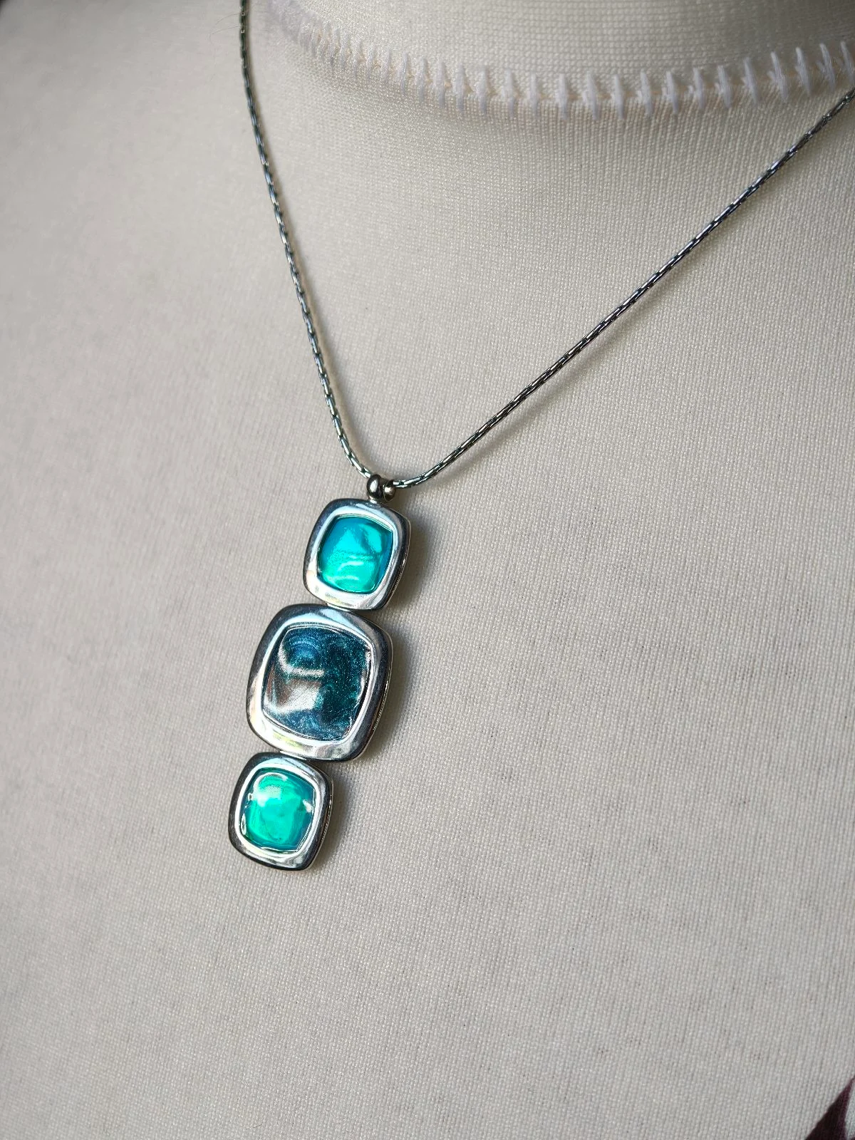 Teal Green Enamel Geometric Pendant Necklace Silver Tone Chain