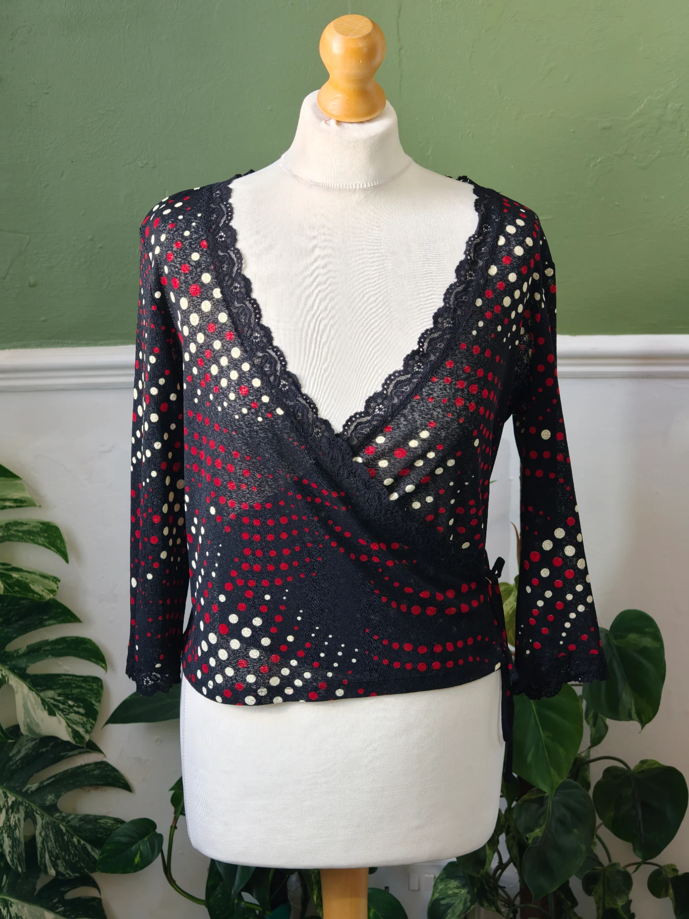 Vintage Y2K Black Red Polka Dot Wrap Top Lace Trim Crossover Blouse UK 12