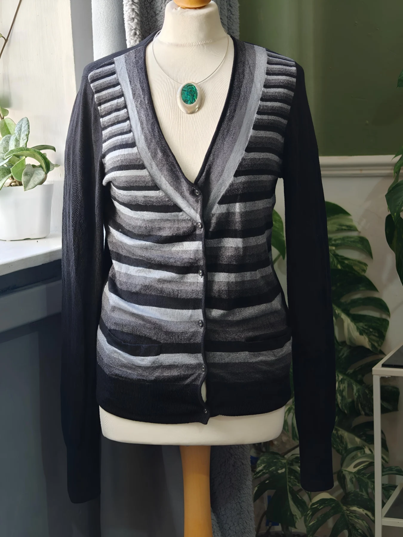 Vintage Gerard Darel Striped Cardigan Black Grey Chic Workwear size 10 designer